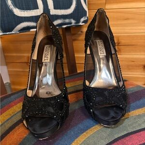 Badgley Mischka Black Beaded Peep-Toe Heels